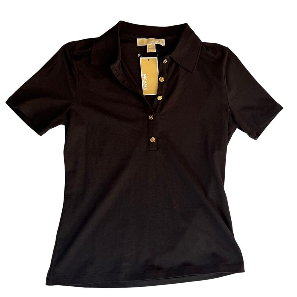 NWT- Michael Kors Black Polo Top with Gold Engraved Buttons Size XS